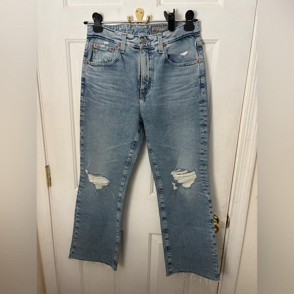 AG Adriano Goldschmied Light Blue Flare Jeans
Waist 15 inch 
Rise 11
inseam 27